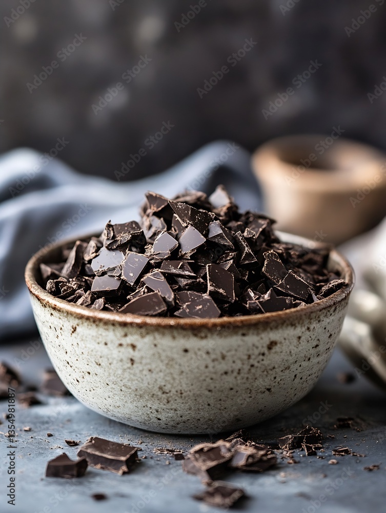 Poster Rich Dark Chocolate Chunks Piled in a Rustic Bowl on a Dark Stone Surface : Generative AI