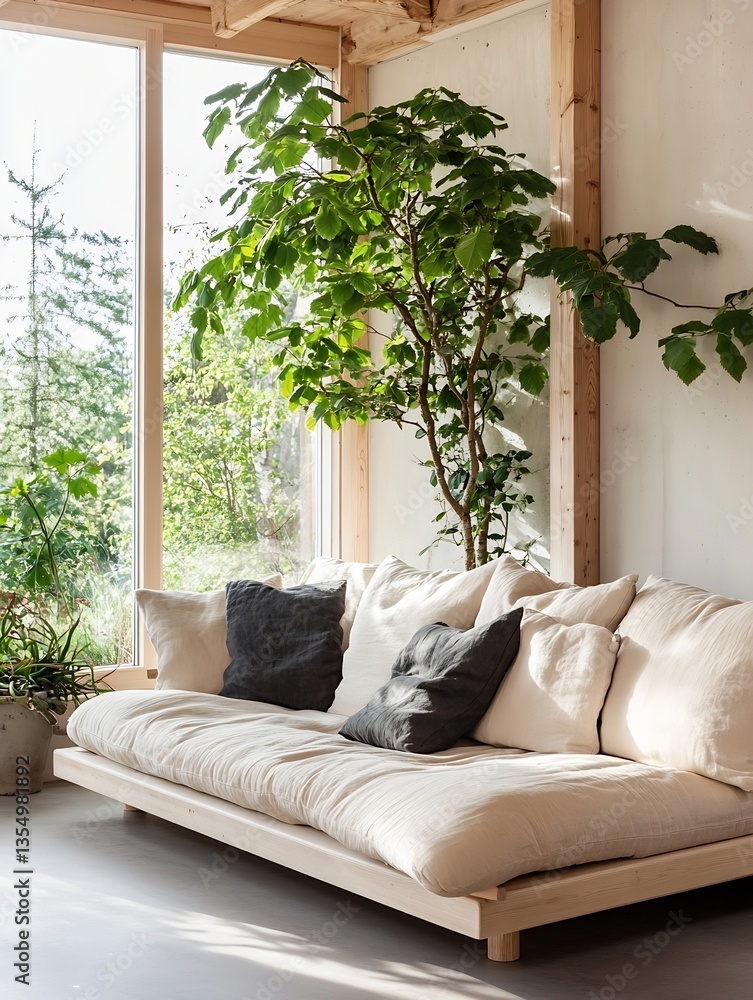 Leinwandbilder cozy living room setting with a plush beige sofa adorned with pillows and greenery from large window