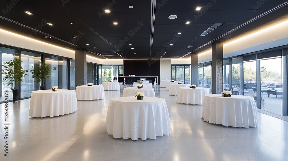 Aufkleber Elegant and modern event space with round tables and large windows overlooking nature : Generative AI