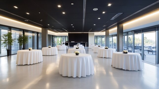 Elegant and modern event space with round tables and large windows overlooking nature : Generative AI
