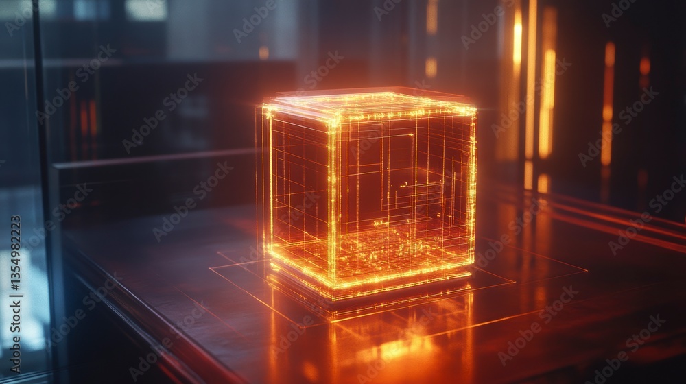 Poster glowing orange cube in futuristic setting.
