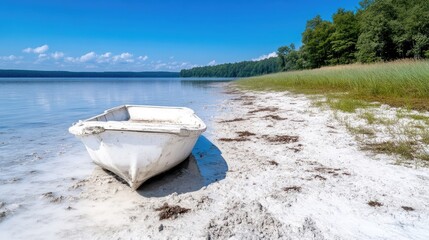 White boat on a sandy beach by a lake. Sunny day