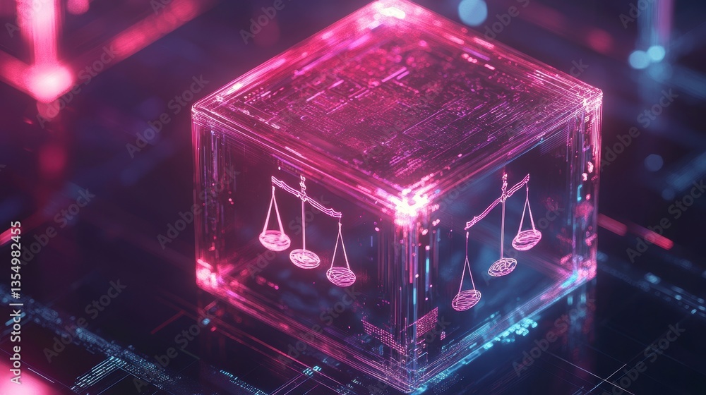 Poster glowing cube with scales of justice symbol inside, digital technology background.