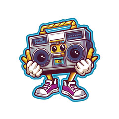 Retro 80s cartoon cassette tape character smiling, holding a boombox, vibrant colors, pixel art style, fun, cheerful.