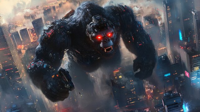 A cybernetic gorilla with glowing red eyes unleashes chaos over a futuristic city. The enhanced creature merges mechanical and organic elements, showcasing a dystopian theme of technology and power