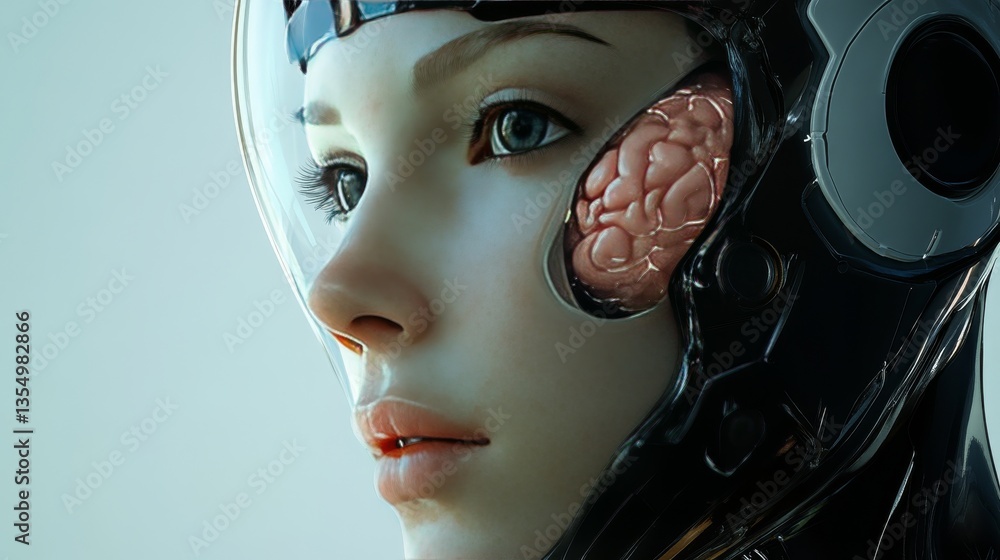 Poster close-up profile of a female cyborg wearing a high-tech helmet that reveals part of the brain struct