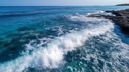 Breathtaking Wave Crashing Into Rocky Shore Under Clear Blue Sky : Generative AI