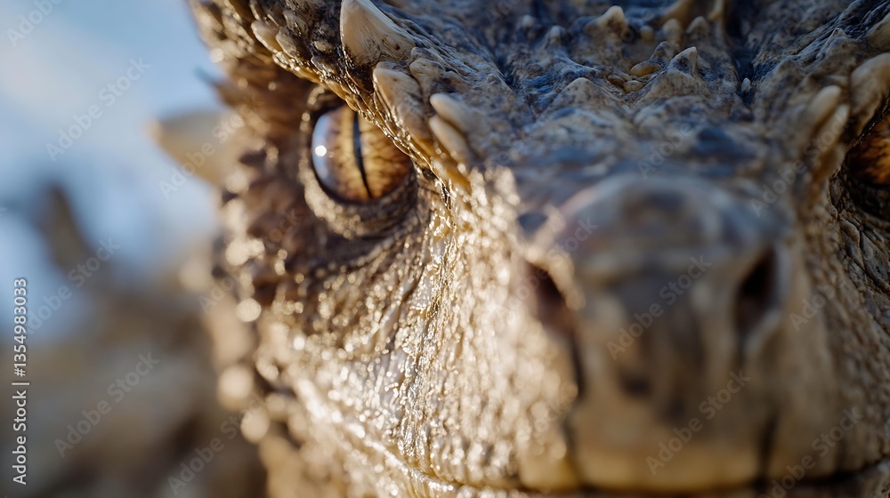 Aufkleber Closeup of the textured skin and eye of a fiercelooking lizard with sharp features : Generative AI
