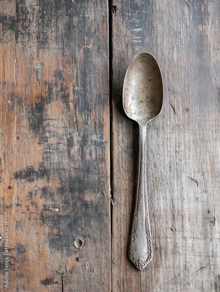 Poster vintage silver spoon resting on rustic wooden table background : generative ai