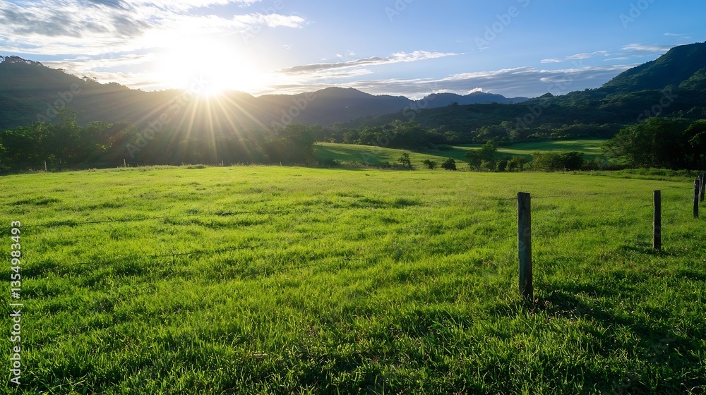 Poster vibrant green open field bathed in sunlight with majestic mountains in the background : generative a