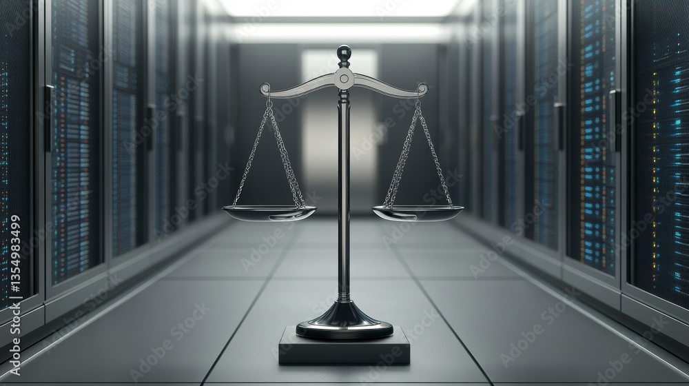 Poster scales of justice in a modern server room, symbolizing cybersecurity law and data privacy.
