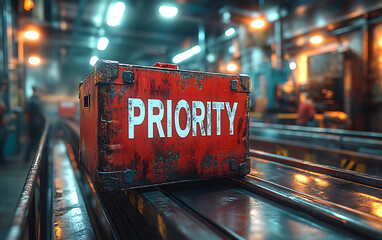 Red metal box labeled "PRIORITY" on a conveyor belt in an industrial warehouse setting