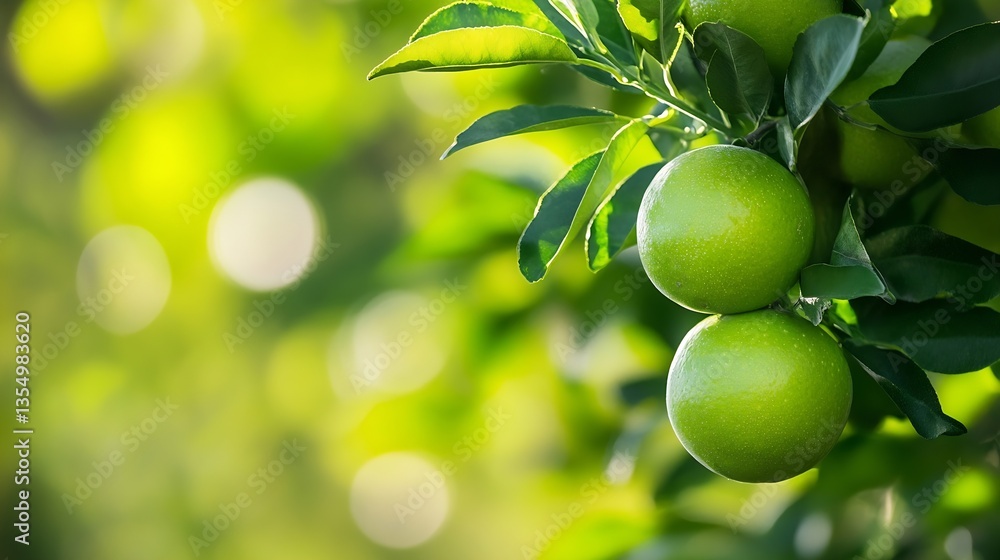 Poster close up of fresh green limes hanging on a tree branch in a vibrant natural environment : generative