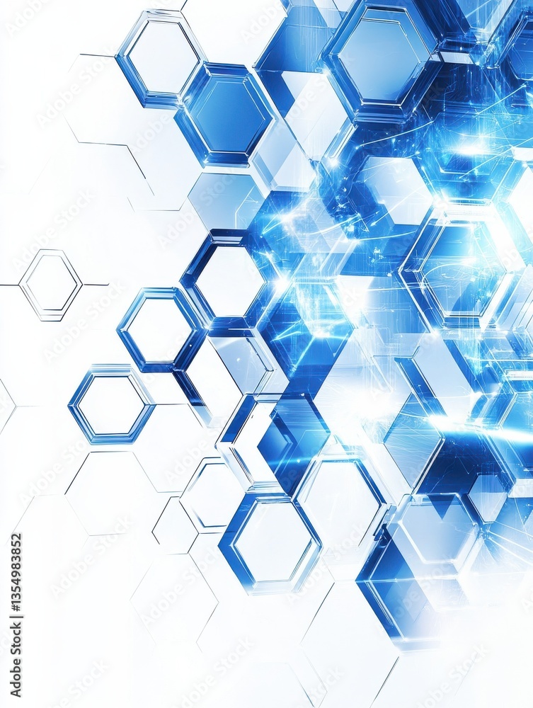 Poster modern 3d hexagonal technology abstract background features blue bright energy flashes under hexagon