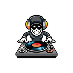 A retro DJ character enthusiastically spinning a vinyl record on a classic turntable.  Image should be vibrant and nostalgic.