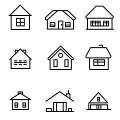 Fototapeta premium Collection of nine simple house outline icons arranged in a three by three grid pattern on white