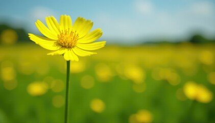 Obraz premium Bright yellow flower blooming on a stem in a field of ragwort, field, oxford ragwort, garden