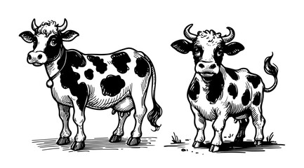 two cows standing on meadow black vector sketch