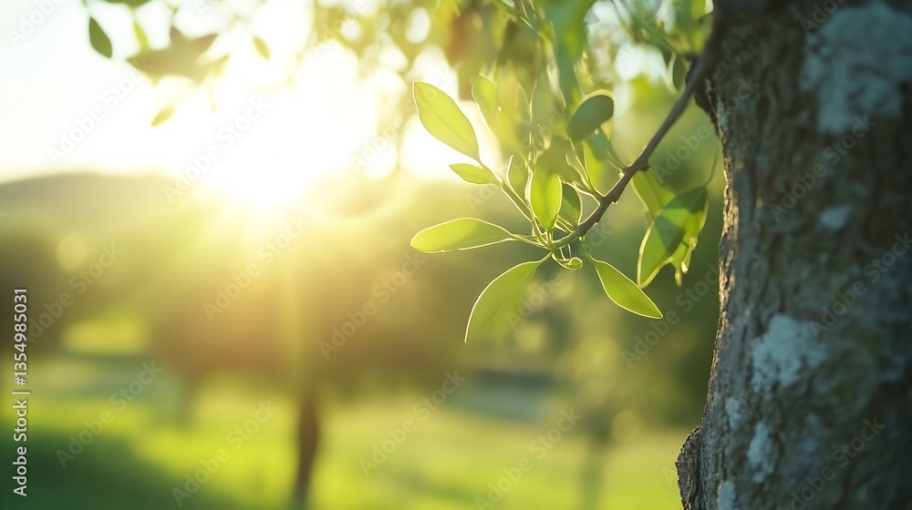 Poster bright sunlight shining through fresh green leaves on a tree in a peaceful nature setting : generati