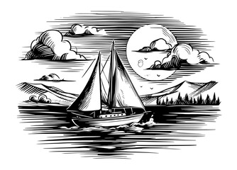 sailboat at night with moon and mountains black vector sketch © Mago