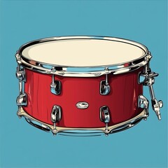 Vector design of a snare drum, circular drum with chrome rims, cream drumhead, red drum shell, clean geometric shapes, sharp edges, isolated on a plain background, professional and modern.