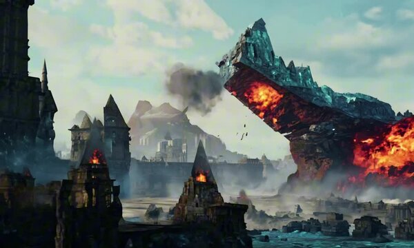 A titanic battle rages between a molten fire giant and a crystalline ice titan in an ancient, crumbling city. Lava flows beneath their feet, while frost spreads across the battlefield