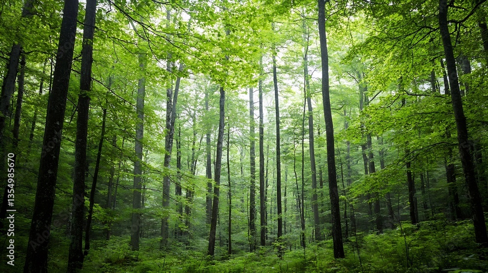 Aufkleber lush green forest with tall trees under soft light displaying vibrant nature and tranquility : gener