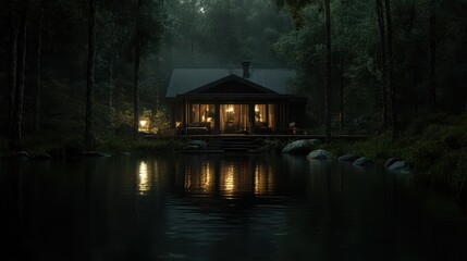 Fototapeta premium A peaceful cabin illuminated from within stands by a placid lake, surrounded by lush trees, inviting a sense of calm, relaxation, and connecting with nature's beauty.
