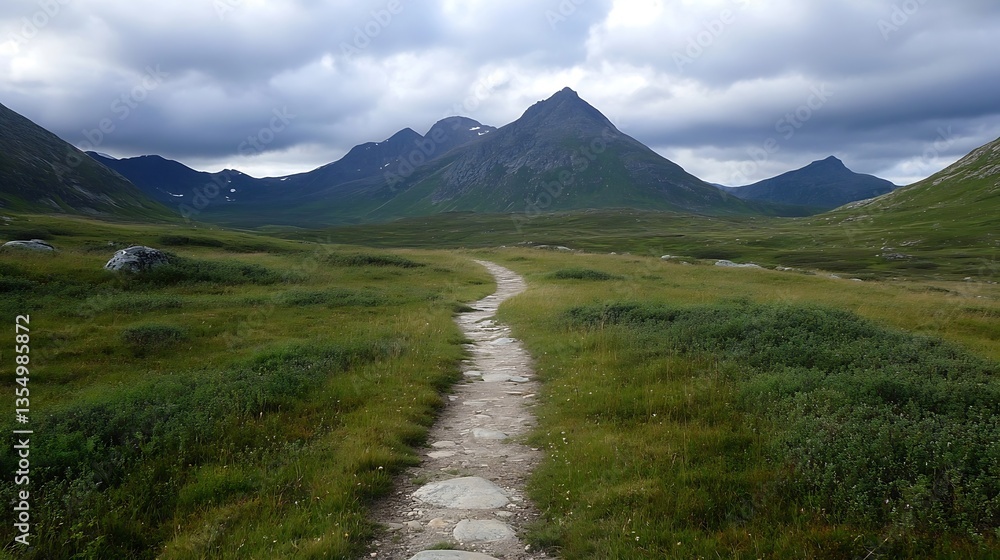 Aufkleber scenic mountain landscape with a winding path surrounded by lush green fields and clouds : generativ