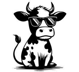 funny cow wearing sunglasses sitting black vector sketch