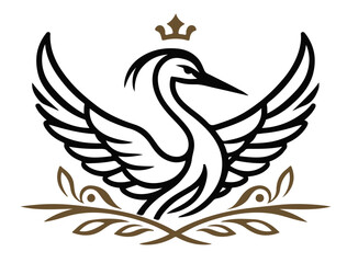 elegant crowned bird with wings black vector sketch