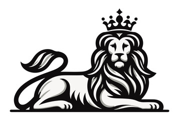 royal lion lying with crown black vector sketch
