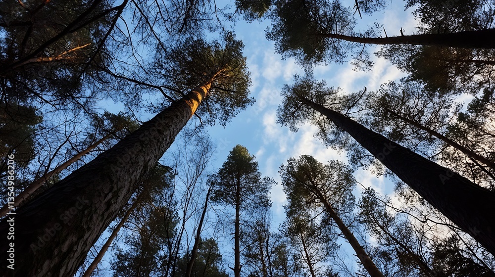 Poster tall pine trees reaching towards a blue sky framed by wispy clouds in a forest : generative ai