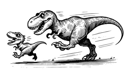 t-rex chasing baby dinosaur black vector sketch © Mago