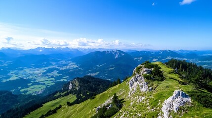 Obraz premium Majestic mountain range overlooking a picturesque valley filled with greenery and distant peaks on a sunny day : Generative AI