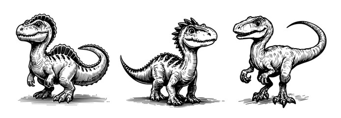 three cartoon dinosaurs standing black vector sketch © Mago