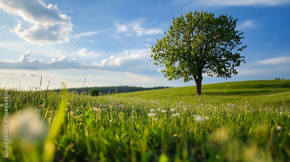 Poster beautiful single tree stands tall in a vibrant green field under a blue sky with fluffy clouds : gen