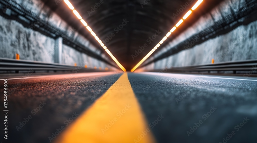 Poster dramatic perspective view of a tunnel road illuminated by yellow lights creating depth and mystery :