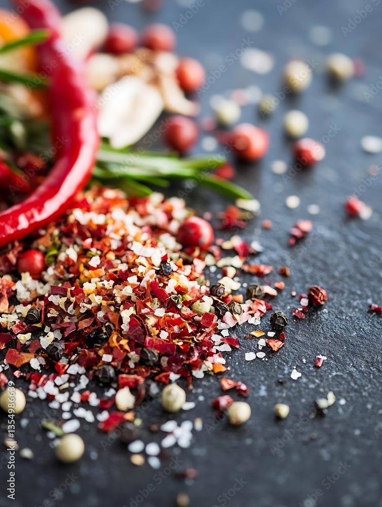Aufkleber Colorful array of crushed spices and whole chili peppers on dark surface creating a vibrant culinary scene : Generative AI
