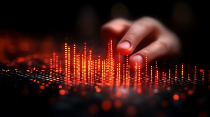 Hand touching digital data peaks, city night
