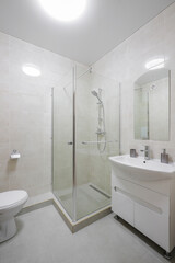 Shower cabin and white sink in the bathroom