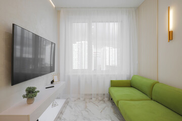 Flat TV and sofa in the living room interior