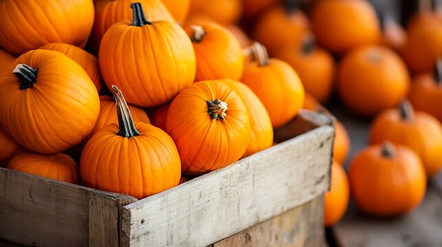 Fresh vibrant pumpkins stacked in a wooden crate for autumn harvest at a farm : Generative AI