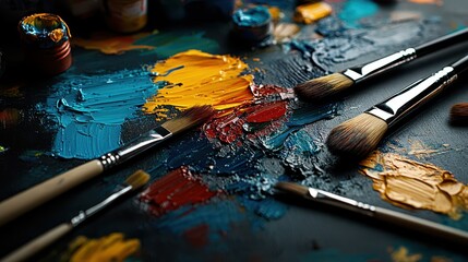 Obraz premium A striking display of vibrant paint splashes and brushes arranged on a surface, embodying the spirit of creativity, artistic expression, and the chaos of color in art-making.