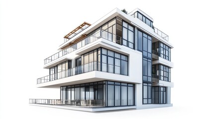 Fototapeta premium Modern Apartment Building Exterior, Isolated, Rendered Image, Architectural Design
