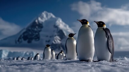 Obraz premium A captivating image of a group of emperor penguins waddling across a snowy landscape, set against a mountain backdrop, reflecting the beauty and resilience of wildlife in a harsh environment.