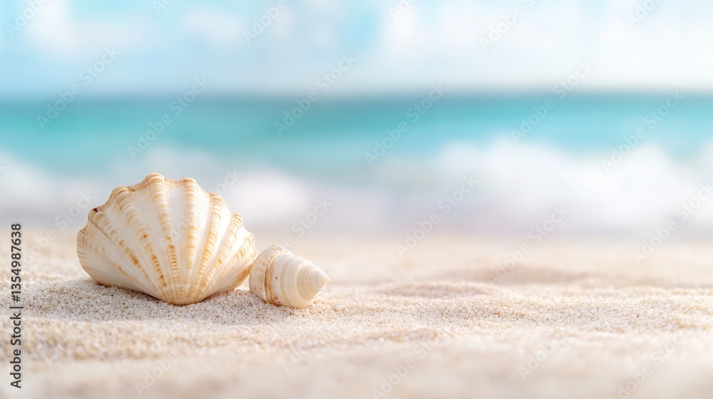 Aufkleber Close up of a beautiful seashell resting on the sandy beach with ocean waves in the background : Generative AI