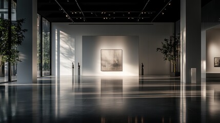 The image captures a spacious minimalist gallery that uses natural light to accentuate its artworks and sculptures within a serene environment.