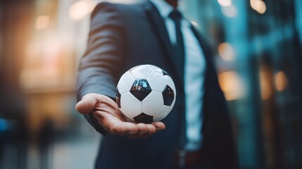 Businessman showcasing a soccer ball representing the concept of goal achievement
