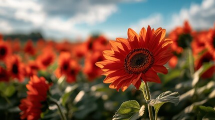 A captivating red sunflower stands out in a field, embodying boldness and energy, showcasing nature's diverse palette and its ability to inspire and uplift spirits.